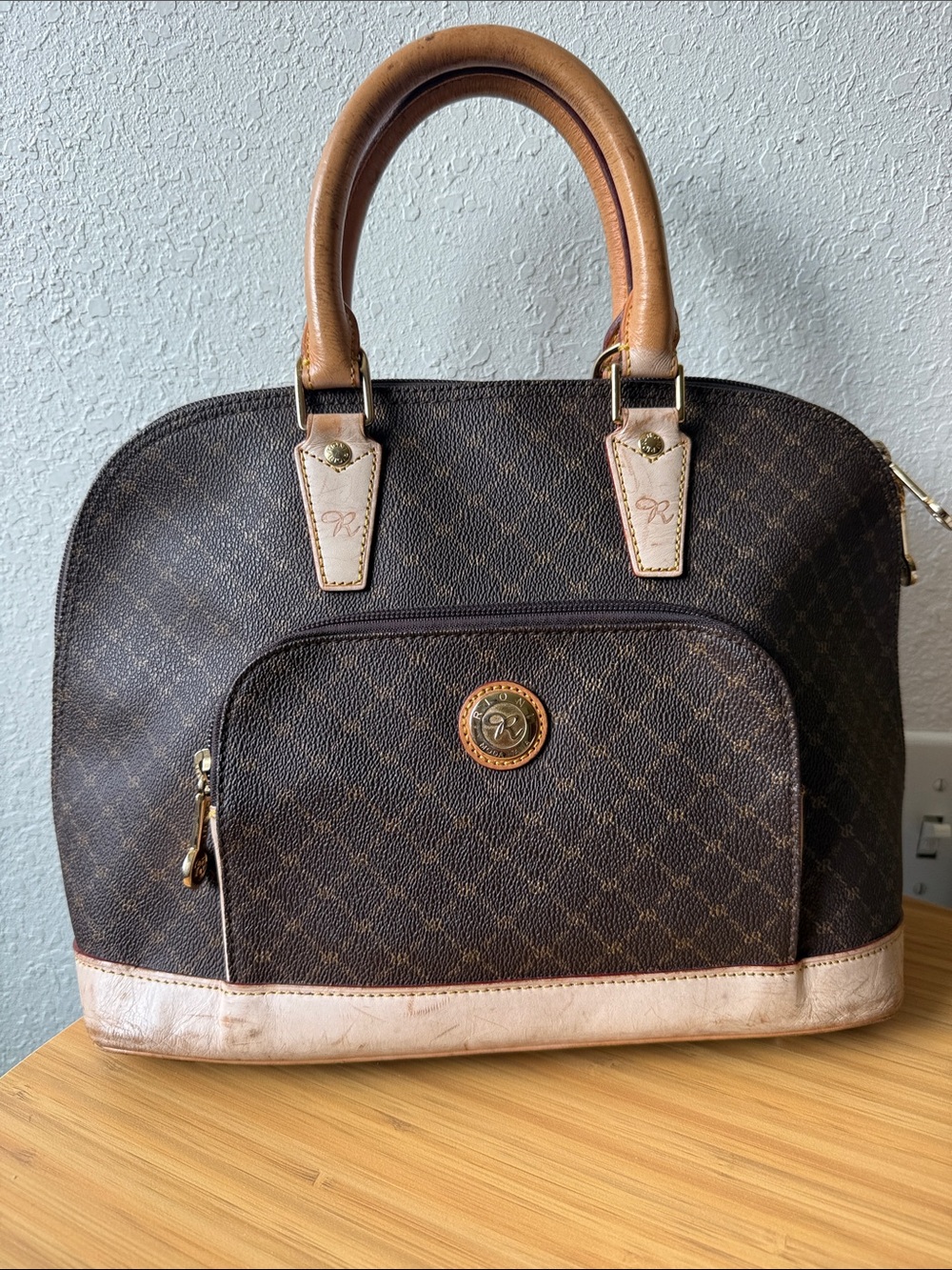 Rioni Brown Patterned Satchel with Tan Trim and Gold Accents